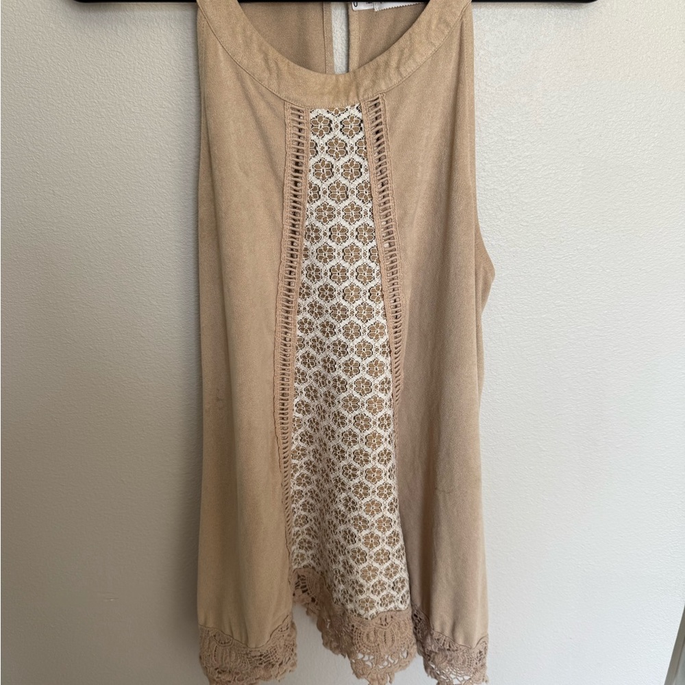 Maurices Tan and Cream Lace Detail Tank Top Boho Crochet Western Casual Size 0
